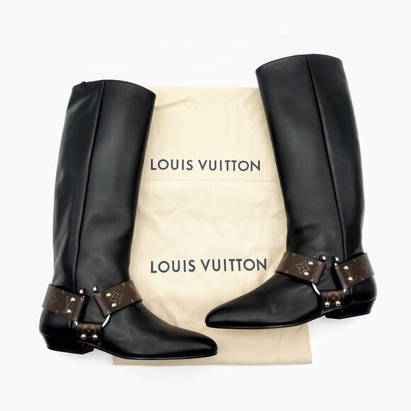 LOUIS VUITTON Rhapsody Black Knee High Boot Size 40 US 9.5 Monogram Harness Tall - Picture 1 of 16
